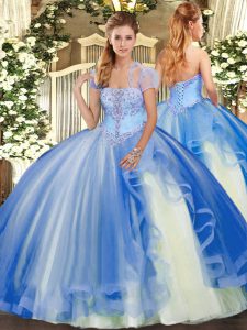 Exquisite Blue Sweet 16 Quinceanera Dress Military Ball and Sweet 16 and Quinceanera with Appliques and Ruffles Strapless Sleeveless Lace Up