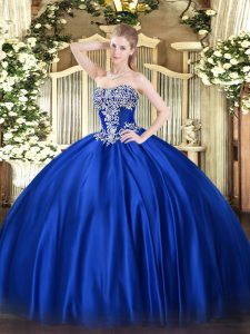 Shining Ball Gowns 15th Birthday Dress Royal Blue Strapless Satin Sleeveless Floor Length Lace Up
