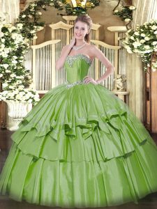 Yellow Green Organza and Taffeta Lace Up Sweet 16 Quinceanera Dress Sleeveless Floor Length Beading and Ruffled Layers