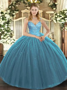 Teal Lace Up Quince Ball Gowns Beading Sleeveless Floor Length