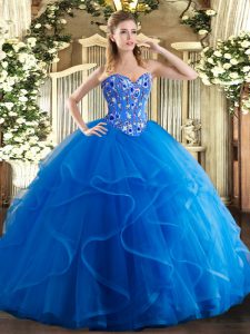 Dramatic Embroidery and Ruffles Sweet 16 Dress Royal Blue Lace Up Sleeveless Floor Length
