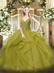 Pretty Floor Length Lace Up Sweet 16 Dress Olive Green for Military Ball and Sweet 16 and Quinceanera with Beading and Ruffles