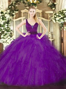 Flare Purple Ball Gowns Straps Sleeveless Tulle Floor Length Zipper Beading and Ruffles Quinceanera Dress