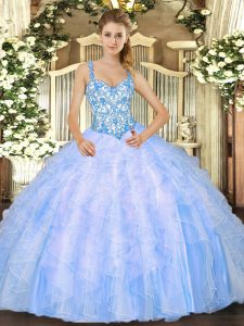 Baby Blue Lace Up Straps Beading and Ruffles Vestidos de Quinceanera Organza Sleeveless
