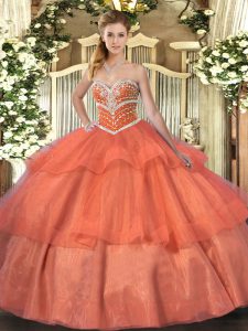 Excellent Orange Red Sleeveless Tulle Lace Up Quinceanera Gown for Military Ball and Sweet 16 and Quinceanera