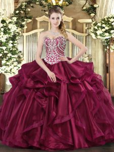 Classical Wine Red Organza Lace Up Quinceanera Gowns Sleeveless Floor Length Beading and Ruffles