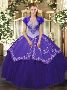 Best Floor Length Lace Up Quinceanera Gown Purple for Military Ball and Sweet 16 and Quinceanera with Beading and Embroidery