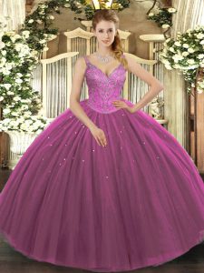 Graceful Sleeveless Floor Length Beading Lace Up Sweet 16 Dress with Fuchsia