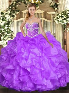 Affordable Lavender Organza Lace Up 15 Quinceanera Dress Sleeveless Floor Length Beading and Ruffles