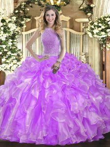 Cheap Sleeveless Organza Floor Length Lace Up 15th Birthday Dress in Lavender with Beading and Ruffles