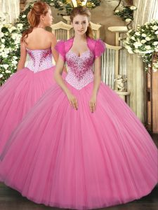 Exceptional Rose Pink Ball Gowns Beading Sweet 16 Dress Lace Up Tulle Sleeveless Floor Length