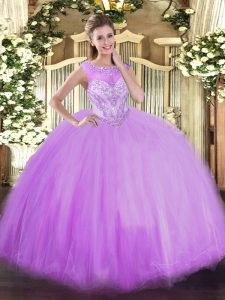 Smart Lavender Ball Gowns Beading Vestidos de Quinceanera Zipper Tulle Sleeveless Floor Length