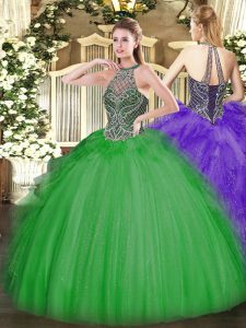 Green Tulle Lace Up Sweetheart Sleeveless Floor Length Ball Gown Prom Dress Beading