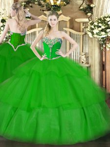 Top Selling Beading and Ruffled Layers Quince Ball Gowns Green Lace Up Sleeveless Floor Length