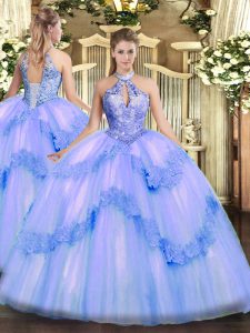 Wonderful Halter Top Sleeveless Tulle Quinceanera Gowns Appliques and Sequins Lace Up