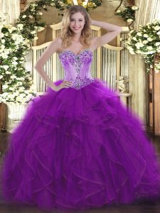 Deluxe Floor Length Lace Up Ball Gown Prom Dress Eggplant Purple for Sweet 16 and Quinceanera with Beading and Ruffles