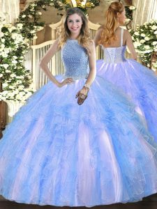 Sleeveless Floor Length Beading and Ruffles Lace Up 15 Quinceanera Dress with Baby Blue