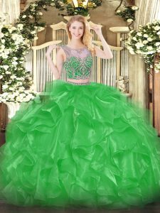 Trendy Green Scoop Lace Up Beading and Ruffles Quinceanera Dress Sleeveless