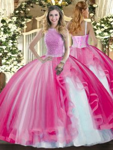 Hot Pink Tulle Lace Up High-neck Sleeveless Floor Length Quinceanera Dresses Beading and Ruffles