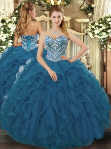 Trendy Teal Sweetheart Neckline Beading and Ruffled Layers Quinceanera Dress Sleeveless Lace Up