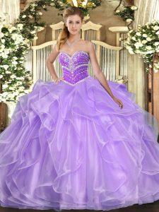 Fitting Floor Length Lace Up Vestidos de Quinceanera Lavender for Military Ball and Sweet 16 and Quinceanera with Beading and Ruffles