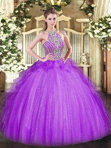 Top Selling Lavender Lace Up Halter Top Beading and Ruffles Quinceanera Gowns Tulle Sleeveless