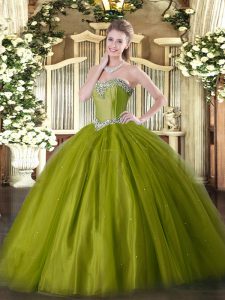 Sweet Sweetheart Sleeveless Lace Up Sweet 16 Dress Olive Green Tulle