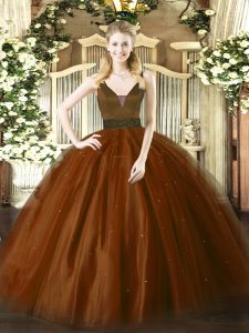 Sleeveless Tulle Floor Length Zipper 15 Quinceanera Dress in Brown with Beading