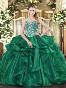 Elegant Dark Green Organza Lace Up Quince Ball Gowns Sleeveless Floor Length Beading and Ruffles