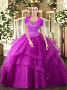 Tulle Scoop Sleeveless Clasp Handle Beading and Ruffles 15 Quinceanera Dress in Fuchsia