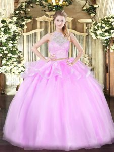 Scoop Sleeveless Ball Gown Prom Dress Floor Length Lace Lilac Tulle