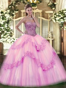 Modern Pink Lace Up Quinceanera Gown Beading and Appliques and Ruffles Sleeveless Floor Length