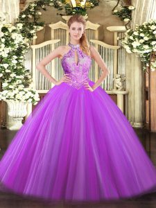 Amazing Floor Length Purple Party Dresses Tulle Sleeveless Sequins
