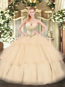 Champagne Tulle Lace Up Sweetheart Sleeveless Floor Length Ball Gown Prom Dress Beading and Ruffled Layers