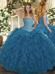 Shining Sleeveless Tulle Floor Length Lace Up Sweet 16 Dress in Teal with Beading and Ruffles