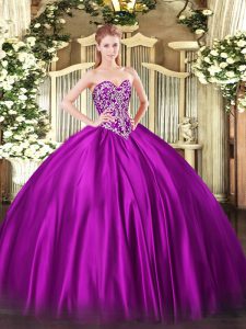 Fuchsia Ball Gowns Sweetheart Sleeveless Satin Floor Length Lace Up Beading 15th Birthday Dress