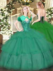 Super Turquoise Sleeveless Beading and Ruffled Layers Floor Length Quince Ball Gowns