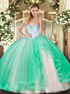 Superior Turquoise 15th Birthday Dress Military Ball and Sweet 16 and Quinceanera with Beading and Ruffles Sweetheart Sleeveless Lace Up