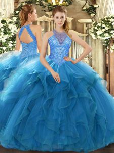 Organza High-neck Sleeveless Lace Up Beading and Ruffles Ball Gown Prom Dress in Teal