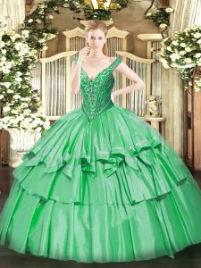 Shining Green V-neck Lace Up Beading and Ruffled Layers Quinceanera Dress Sleeveless