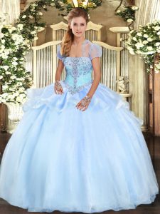 Light Blue Organza Lace Up Strapless Sleeveless Floor Length Sweet 16 Dresses Appliques