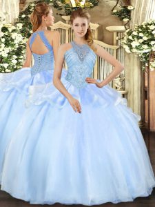 Fancy Light Blue Sleeveless Organza Lace Up Quinceanera Gown for Military Ball and Sweet 16 and Quinceanera