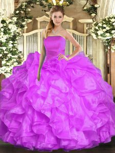 Lilac Sweet 16 Dresses Military Ball and Sweet 16 and Quinceanera with Ruffles Strapless Sleeveless Lace Up