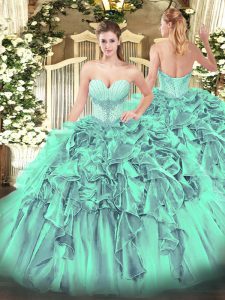 Beading and Ruffles 15 Quinceanera Dress Turquoise Lace Up Sleeveless Floor Length