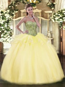Light Yellow Tulle Lace Up Sweetheart Sleeveless Floor Length Party Dress Beading and Ruffles