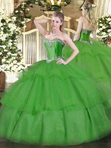 Ideal Floor Length Lace Up Quince Ball Gowns Green for Military Ball and Sweet 16 and Quinceanera with Beading and Ruffled Layers