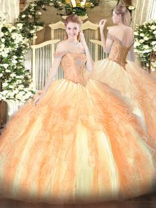 Multi-color Ball Gowns Off The Shoulder Sleeveless Tulle Floor Length Lace Up Beading and Ruffles Sweet 16 Quinceanera Dress