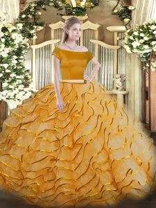Excellent Orange Tulle Zipper Off The Shoulder Short Sleeves Quinceanera Gowns Brush Train Appliques and Ruffled Layers