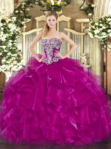 Sexy Ball Gowns Sweet 16 Dress Fuchsia Strapless Organza Sleeveless Floor Length Lace Up