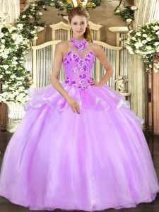 Ball Gowns Custom Made Lilac Halter Top Organza Sleeveless Floor Length Lace Up